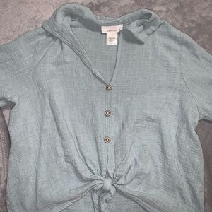 light blue cropped button up